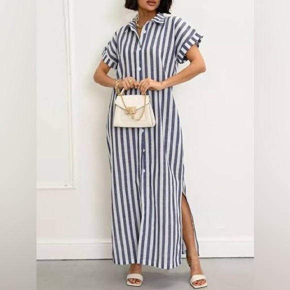 Ebossy Dresses & Skirts - Ebossy Striped Button-Front Maxi Shirt Dress - Beige & White